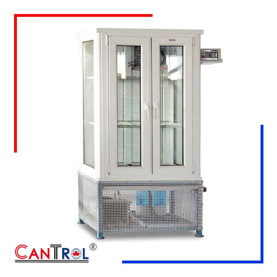 alt="Cantrol Laboratory Concrete Curing Cabinet with digital display and stainless steel racks for concrete specimen conditioning"